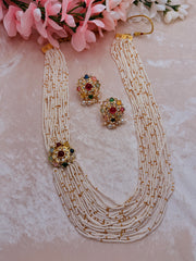 Navratna white gold beads mala with multicolor studs earrings